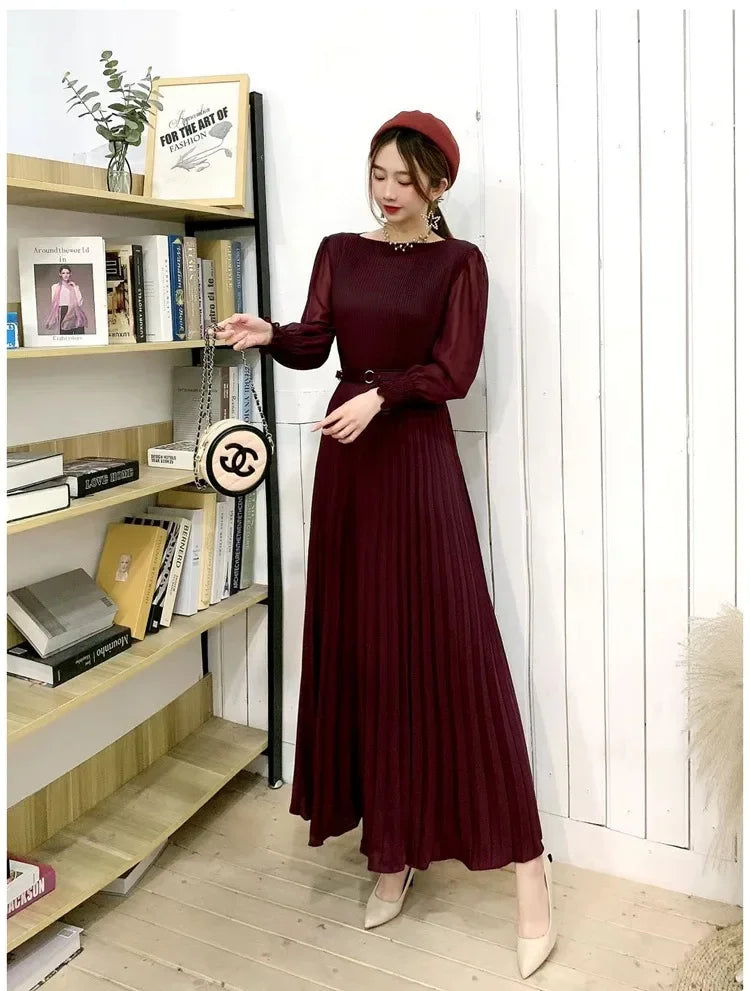 Pleated Dress Women Long Dresses A Line Round Neck Long Sleeve Party Maxi High Waist Belt Slim Sexy Elegant Splice Vestidos 2024