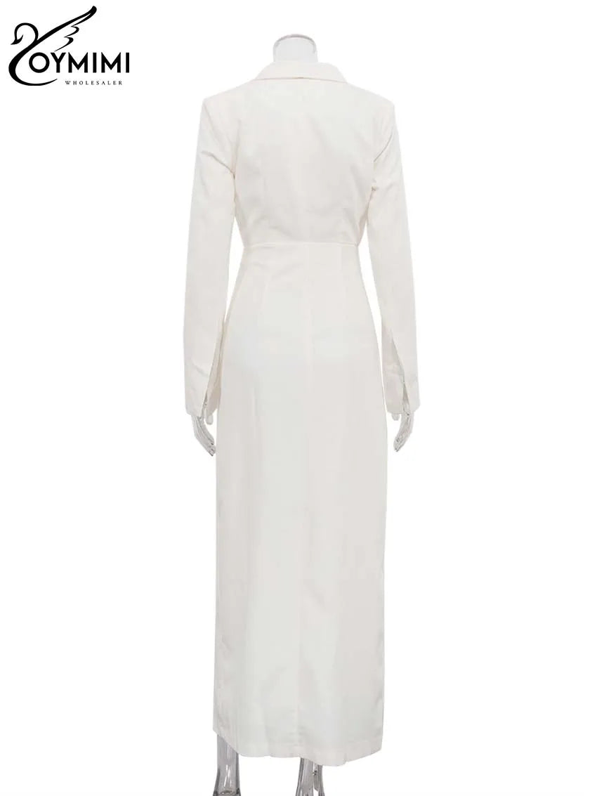 Vestido feminino elegante branco com lapela da Oymimi, manga comprida, abotoamento simples, modelagem reta e corte reto, perfeito para o outono.