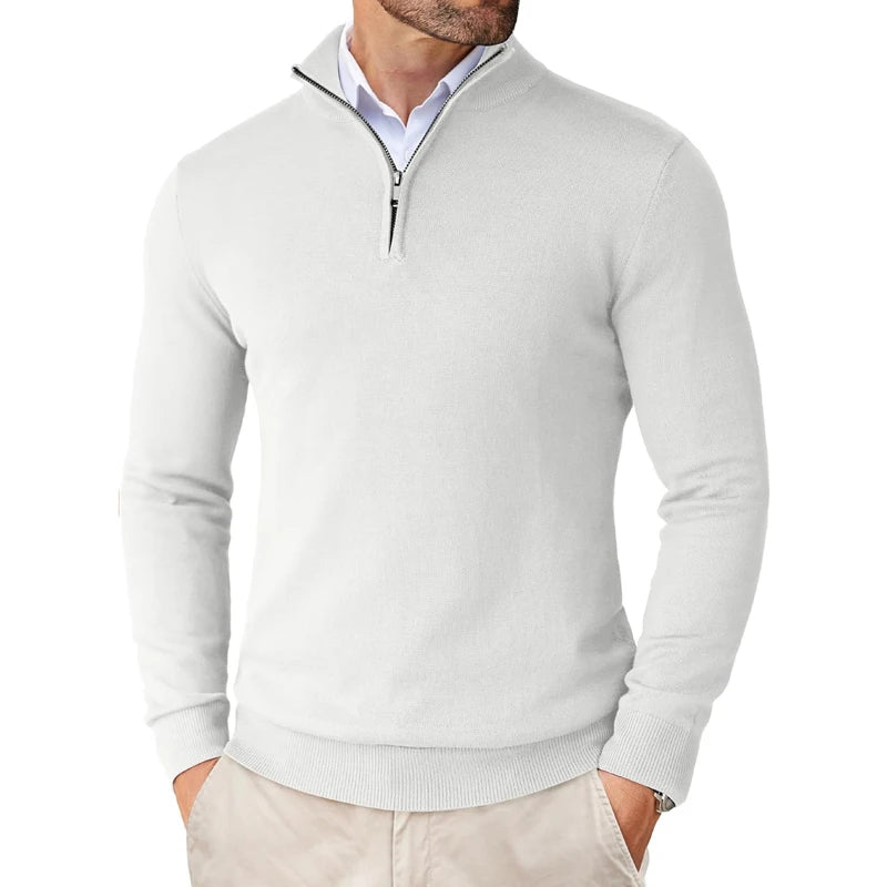 Suéter masculino com zíper de quarto, slim fit, leve, gola simulada, pulôver casual, meia gola alta, malha ao ar livre, streetwear