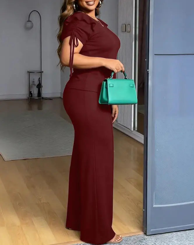 Conjunto Feminino de Duas Peças Primavera: Blusa de Manga Curta com Babados e Calça Pantalona Casual com Cintura Elástica