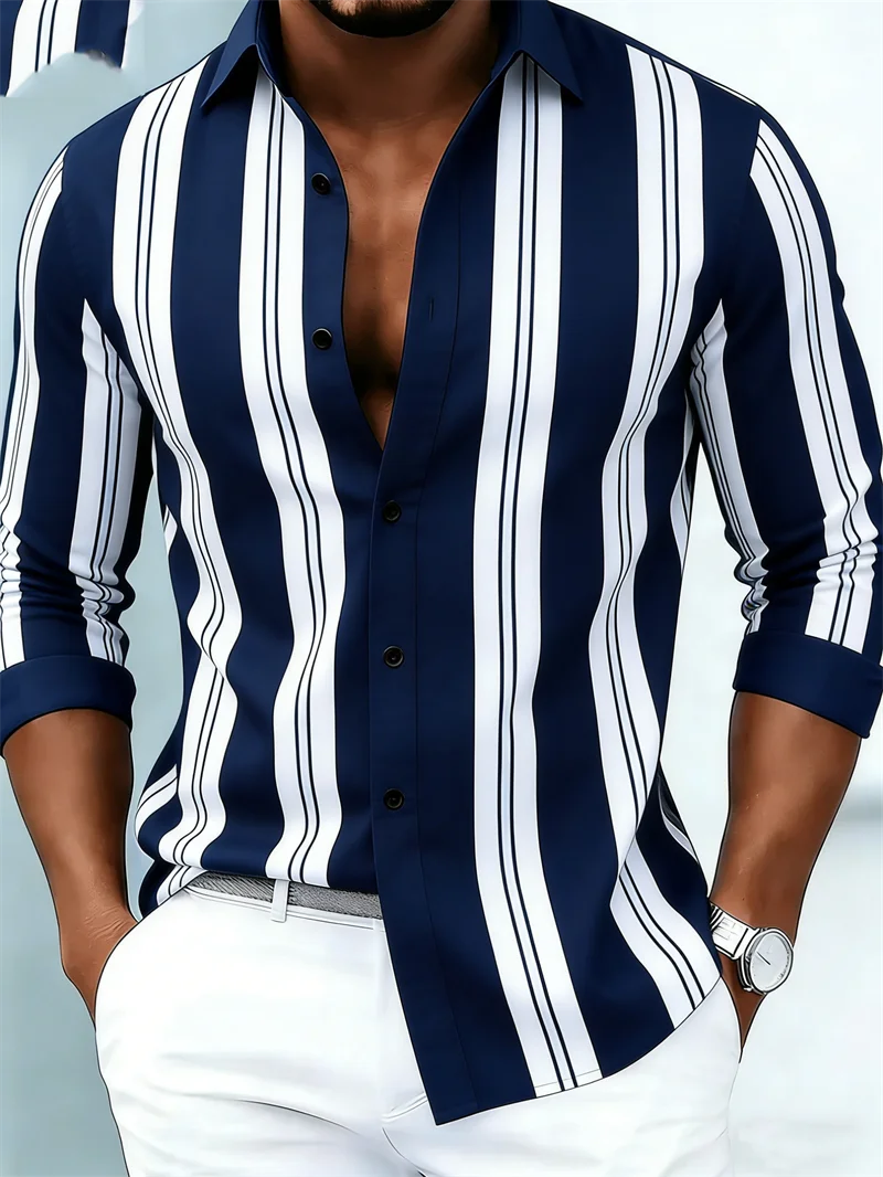 Nova camisa masculina de manga comprida, casual, com estampa 3D listrada, de alta qualidade, com fechamento de botão único.