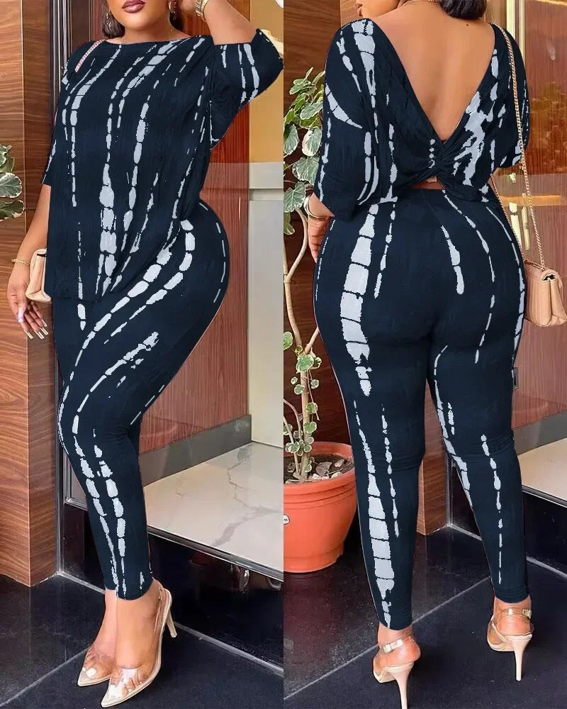 Conjunto de 2 Peças Europea Outono: Calça Yoga Casual Estampada de Cintura Alta e Elástica Sem Costura + Blusa Feminina