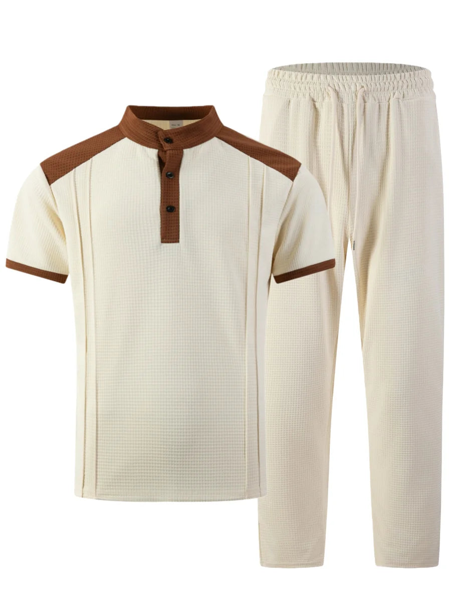 Conjunto Masculino de Verão em Waffle com Bloco de Cores, 2 Peças: Polo de Manga Curta com Gola Alta e Botões e Calça Comprida para Viagens ao Ar Livre e Uso Diário