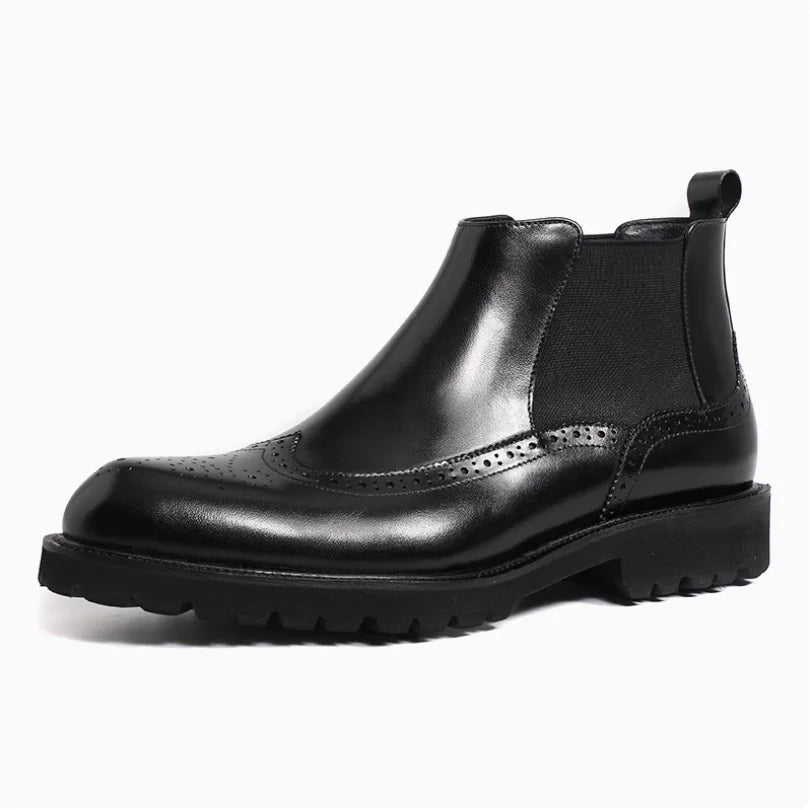 Botas Chelsea de couro genuíno masculino outono inverno bico fino brilhante brogue sapatos curtos estilo britânico