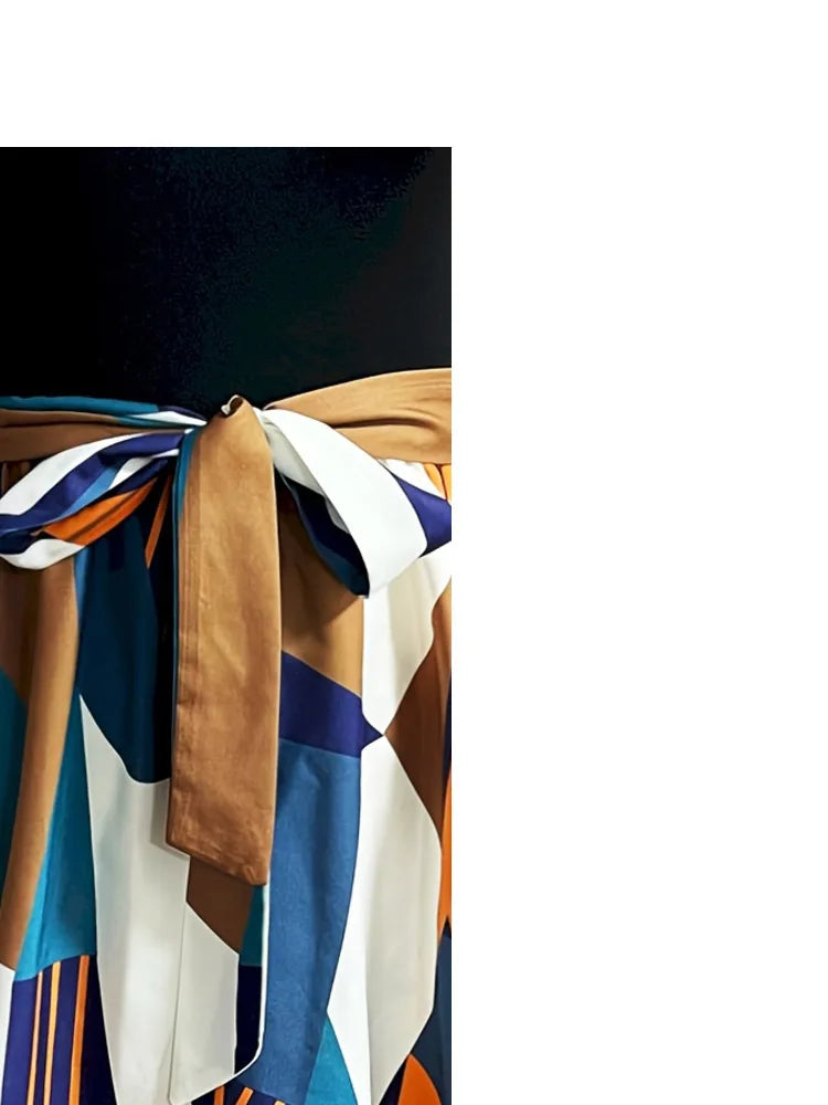 Vestido feminino de verão sem mangas, com estampa em blocos de cores e cinto na cintura, ideal para férias, vestido fluido.
