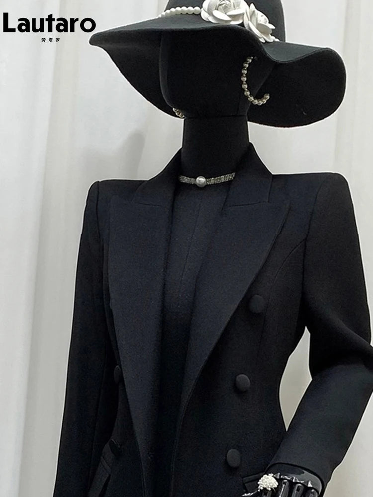 Casaco Blazer Longo Preto Ajustado Lautaro para Primavera/Outono, Elegante, Luxuoso e Chique, com Abotoamento Duplo, Estilo Europeu.