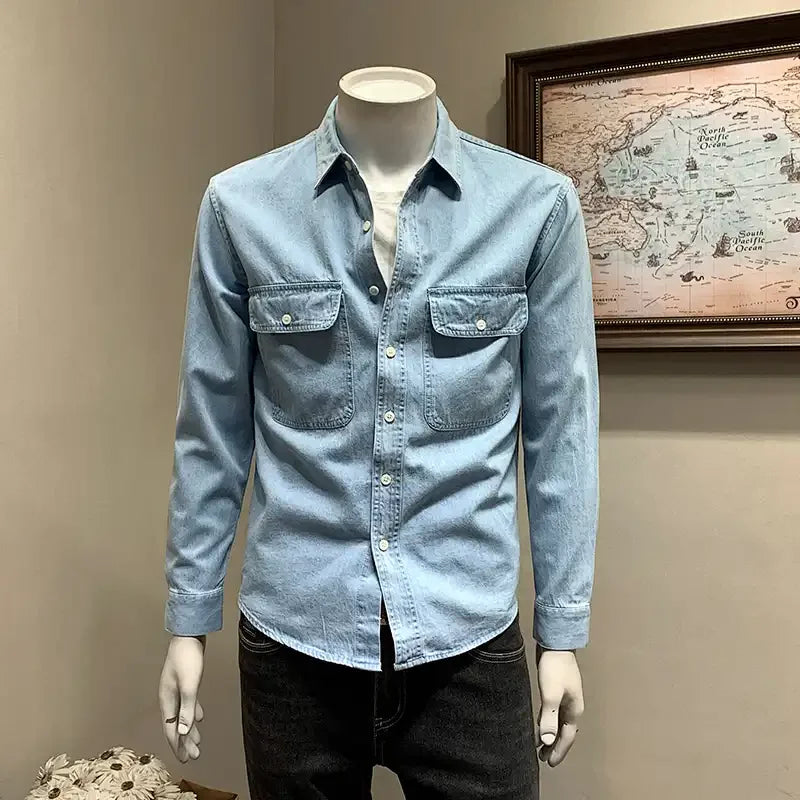 Camisa de Denim Azul Claro para Homens, Manga Longa, Com Lapela e Dois Bolsos no Peito, Camisa Casual Slim Fit