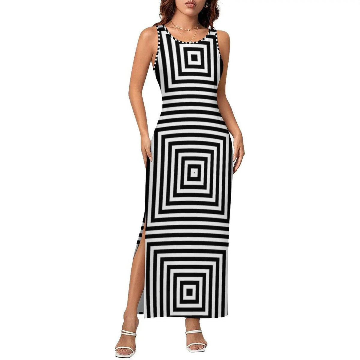 Vestido Bodycon com Estampa Abstrata, Vestido Maxi Retrô de Verão, Sem Mangas, Casual, Estilo Y2k, Tamanho Grande 4XL
