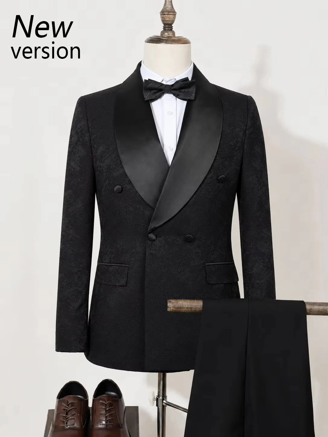 Conjunto de Terno Masculino de Luxo Preto de 2 Peças com Gola Xale e Abotoamento Duplo, para Festa, Negócios, Casual, Traje de Noivo, Padrão Jacquard