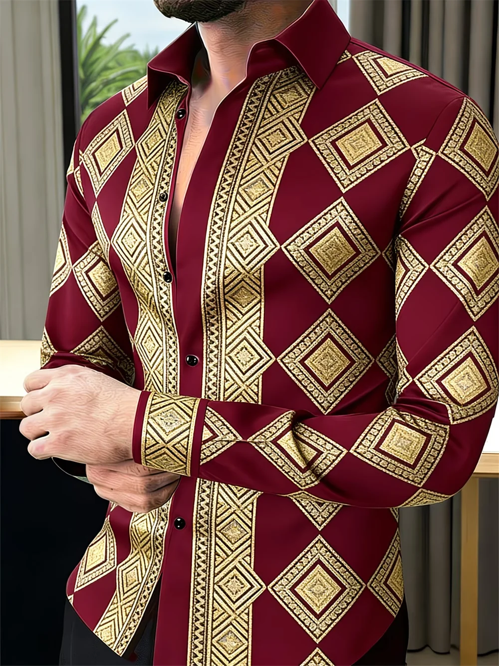 Nova camisa masculina de manga comprida com estampa 3D de trevo, padrão de alta qualidade, casual, com gola.