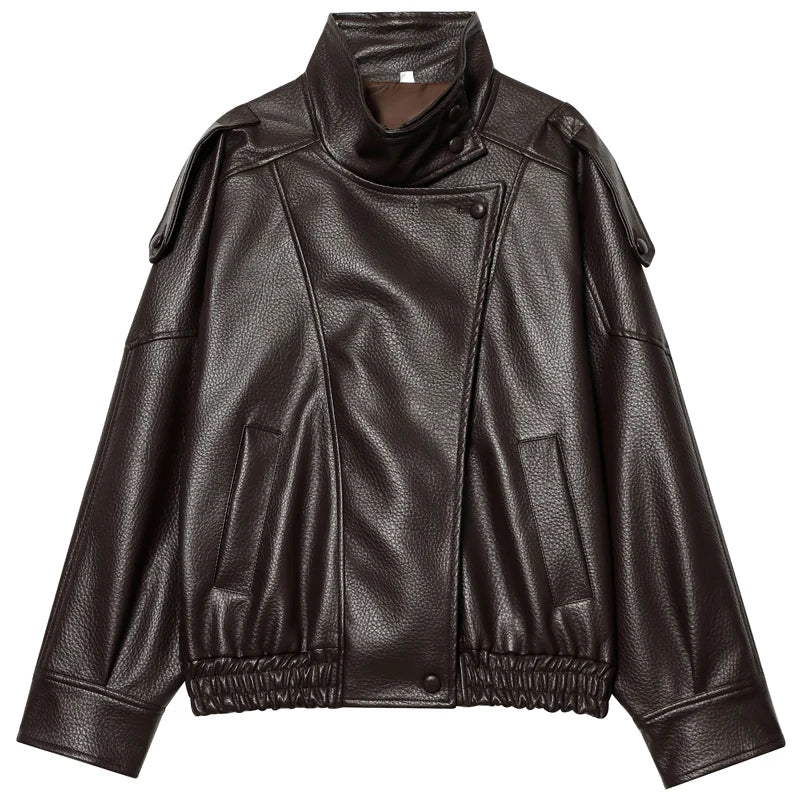 Jaqueta Bomber Feminina HXAO - Nova Coleção - Couro Preto - Modelo Cropped Oversize - Casaco com Zíper e Mangas Longas - Ideal para Atividades ao Ar Livre