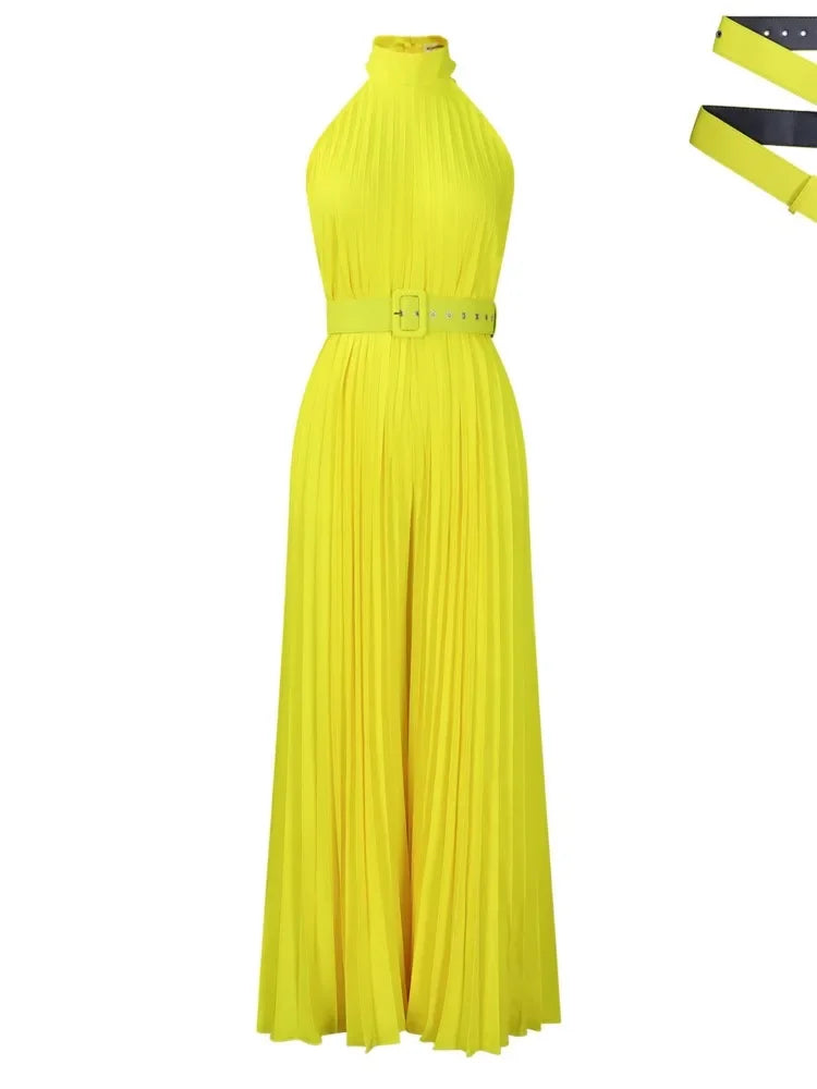 CPSYMYM Sexy Halter Sleeveless Women's Reunion Romper Summer New Female Elegant Pleated Waist Belted Wide Leg Jumpsuit Pants