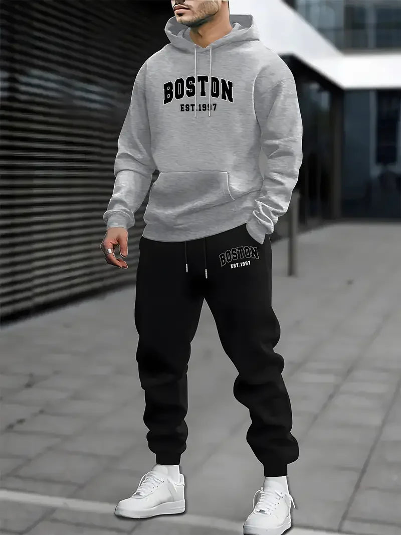 Men's Velvet Thickened Sports Set New York Letter Printed Spring and Autumn Hoodie Set Long Sleeve Casual Comfortable Pocket Hoo
