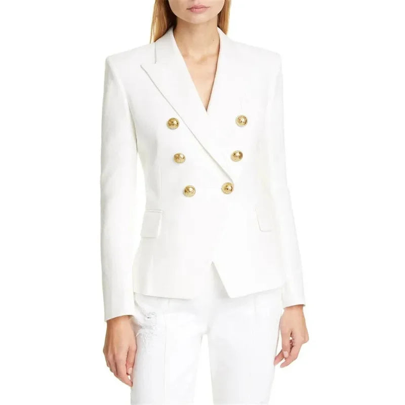 Blazer feminino de alfaiataria, modelo slim, estilo europeu/americano, para primavera/outono, com abotoamento duplo.