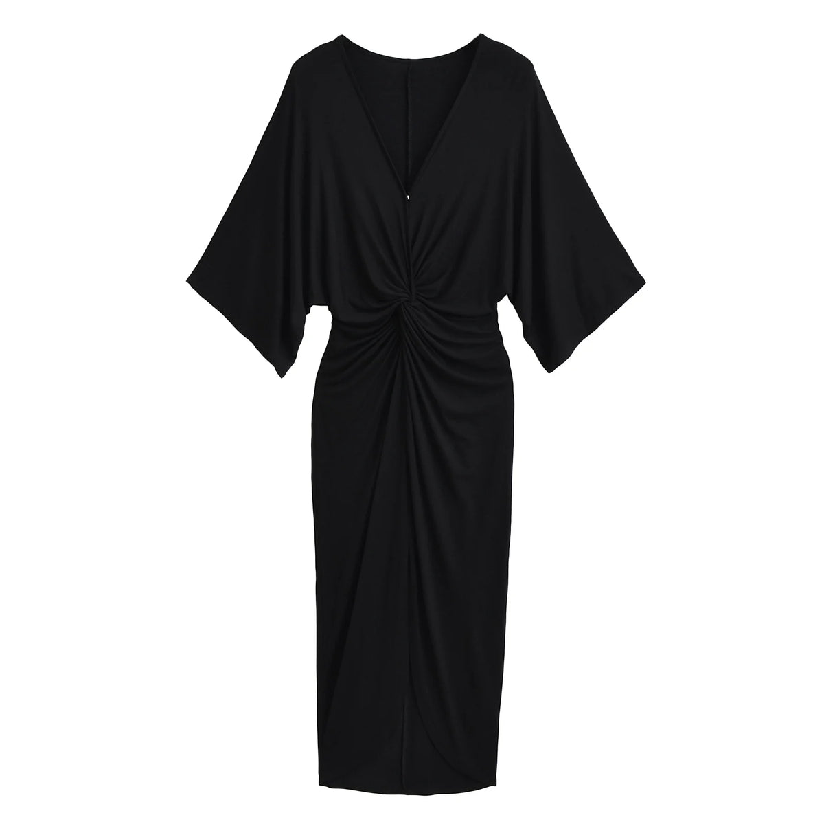Vestido Midi Feminino com Decote V, Manga Morcego, Cintura Torcida, Amarração Traseira, Bainha com Fenda, em Tricô Macio, 3 Cores