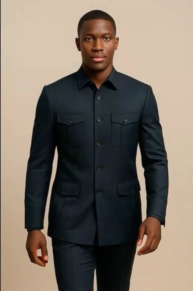 Ternos Casuais Masculinos Safari com Bolsos, Estilo de Moda Chinesa, Ajuste Slim, Terno de Casamento Sob Medida, 2 Peças, Jaqueta e Calças