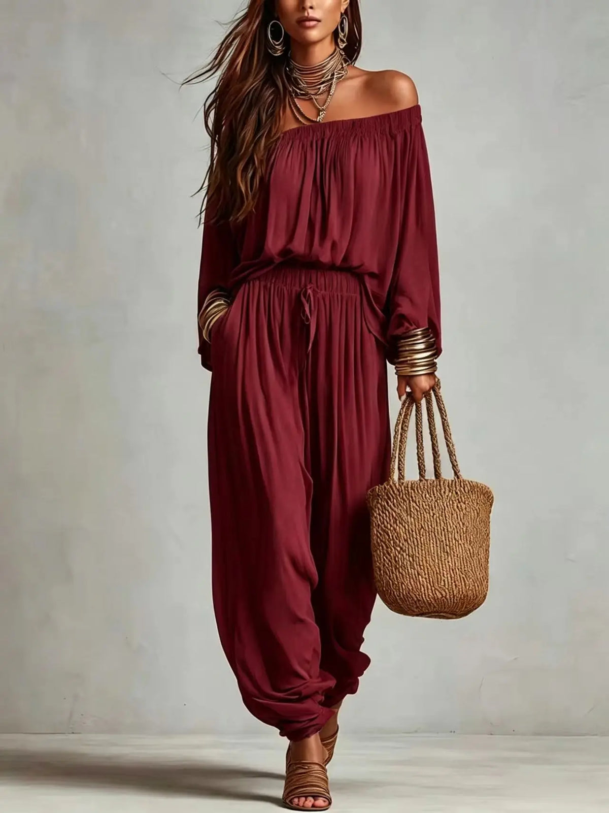 Conjunto Elegante de Duas Peças com Blusa de Manga Longa Off Shoulder e Calças Jogger com Cordão para Mulheres