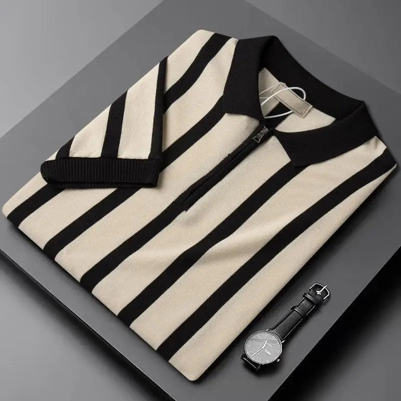 Turn-down Collar Zipper Shirt Short Sleeve Ice Silk Knitted Stripe Pattern Fashionable Urban Style Men's Summer Top