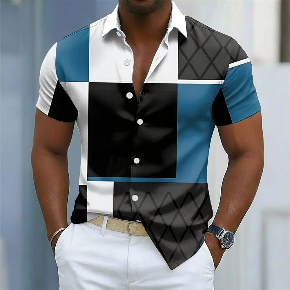 Camisa Masculina Color Block com Botões, Manga Curta, Casual, Estilo Streetwear, Estampa 3D, Gola Dobrável, Azul, Vinho, Marrom, Verde