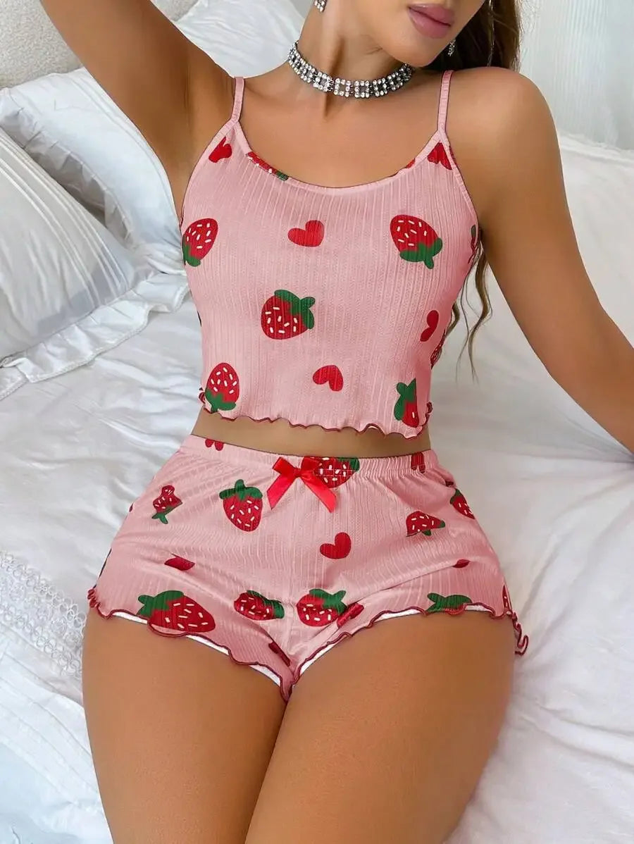 Conjunto de Pijama Feminino 2 Peças com Estampa de Morango de Verão, Roupa de Dormir Casual, Top Cropped com Alças e Shorts, Confortável para Usar em Casa