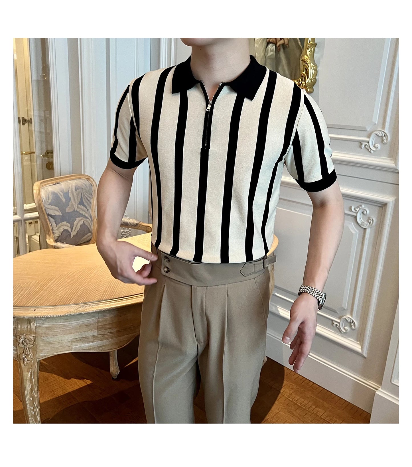 Men's Clothing Leisure Light Luxury Knitted Polo Shirt Korean Striped Zipper Short Sleeve Retro Breathable Fashion Knitwear Tees