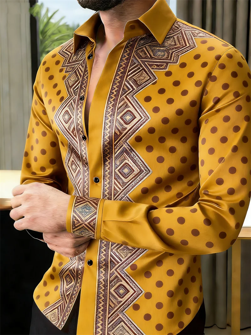 Nova camisa masculina de manga comprida com 11 cores, estampa 3D dourada, padrão de bolinhas moderno, estilo luxuoso.