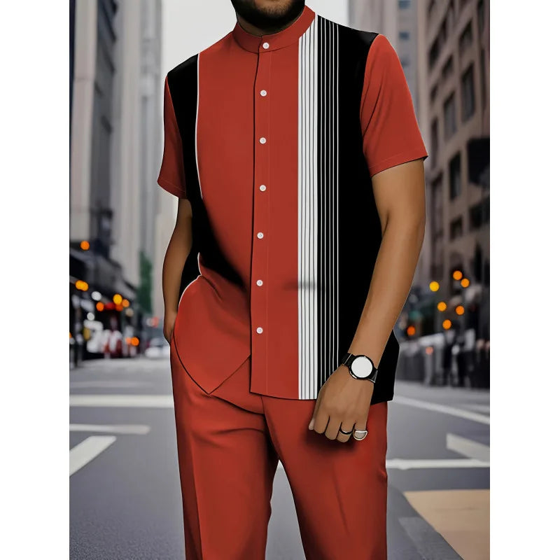 Conjunto de Camisa Listrada para Homens, Slim Fit, em Couro PU com Forro de Fleece, Colarinho Cubano, Manga Três Quartos, Estilo Cleanfit para o Verão