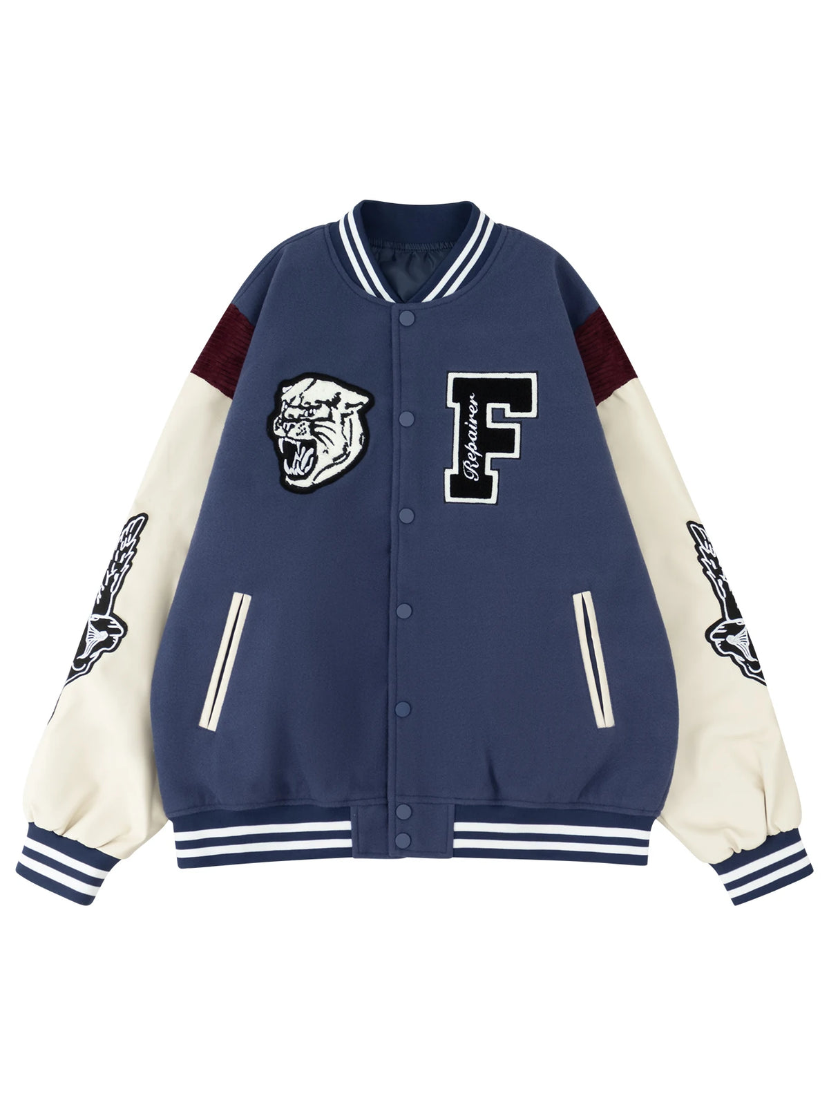 Jaqueta Casual Feminina Estilo Varsity, Casaco Letterman de Beisebol, Roupa de Rua com Bordado Fino e Mangas de Couro Sintético