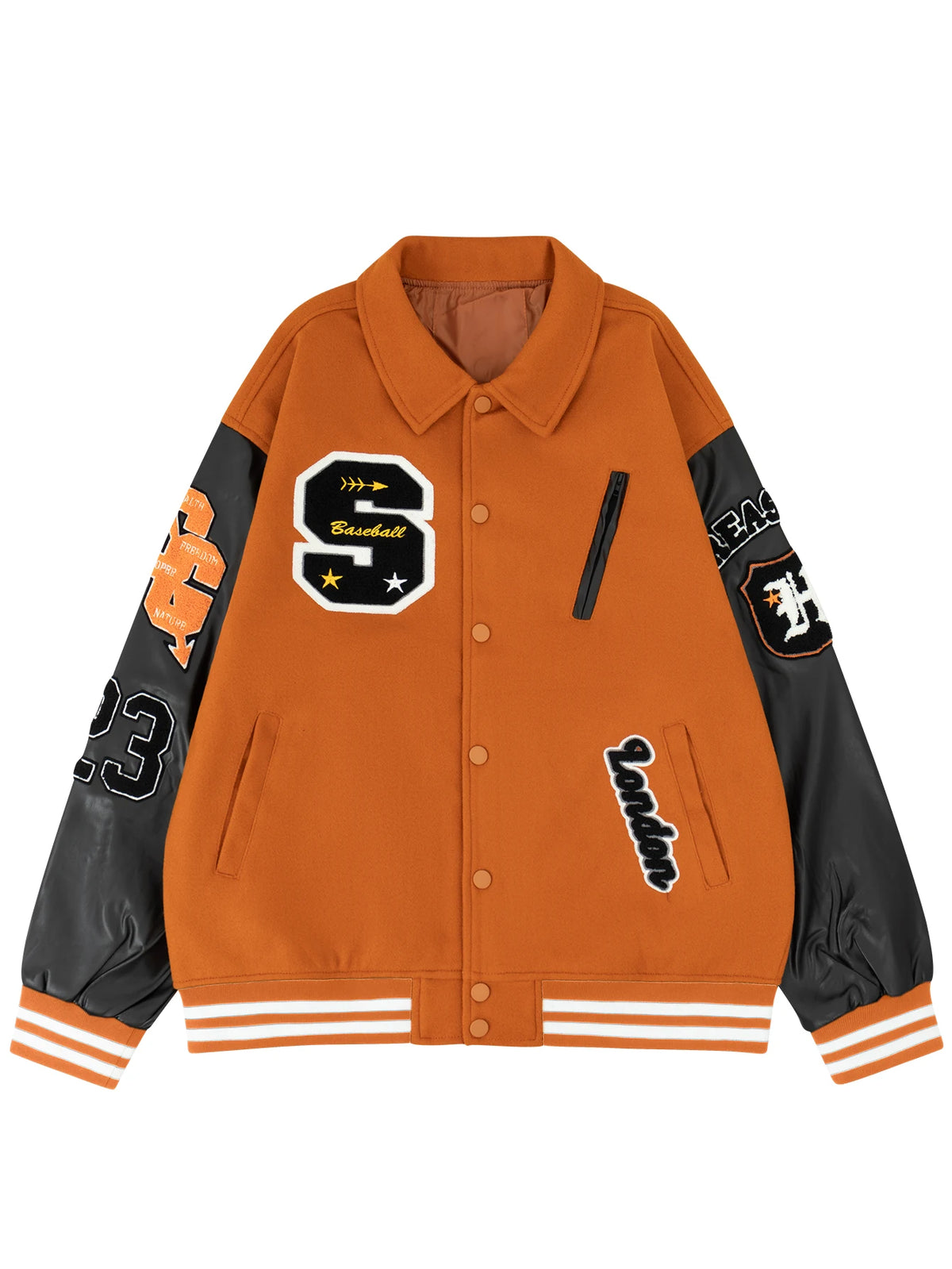 Jaqueta Letterman Masculina Vintage, Casaco Varsity com Patchwork, Streetwear com Mangas de Couro Sintético e Bordado Fino