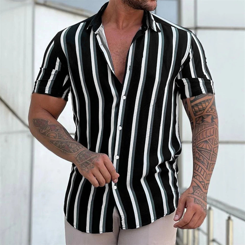 Camiseta listrada de manga curta com botão havaiano masculina, blusa xadrez, roupa de praia vermelha, camisa preta e branca, roupas masculinas, verão