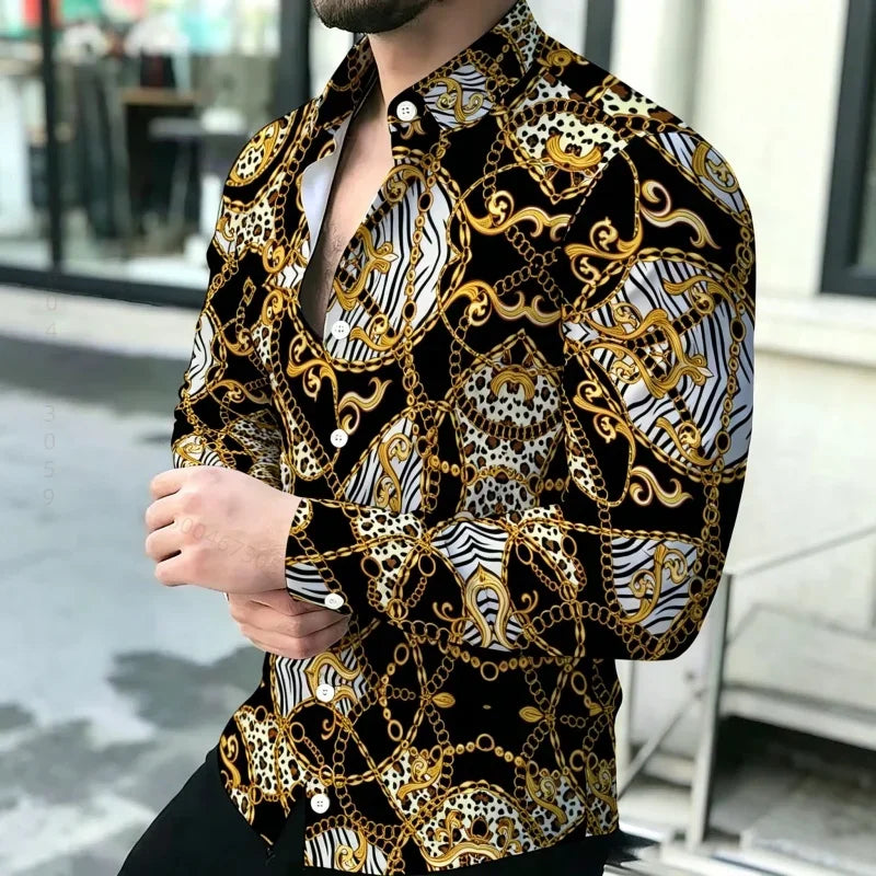 Camisa Masculina com Listras Contrastantes, Manga Longa, Linhas Geométricas Simples, Corte Slim, Camisa de Negócios de Alta Qualidade