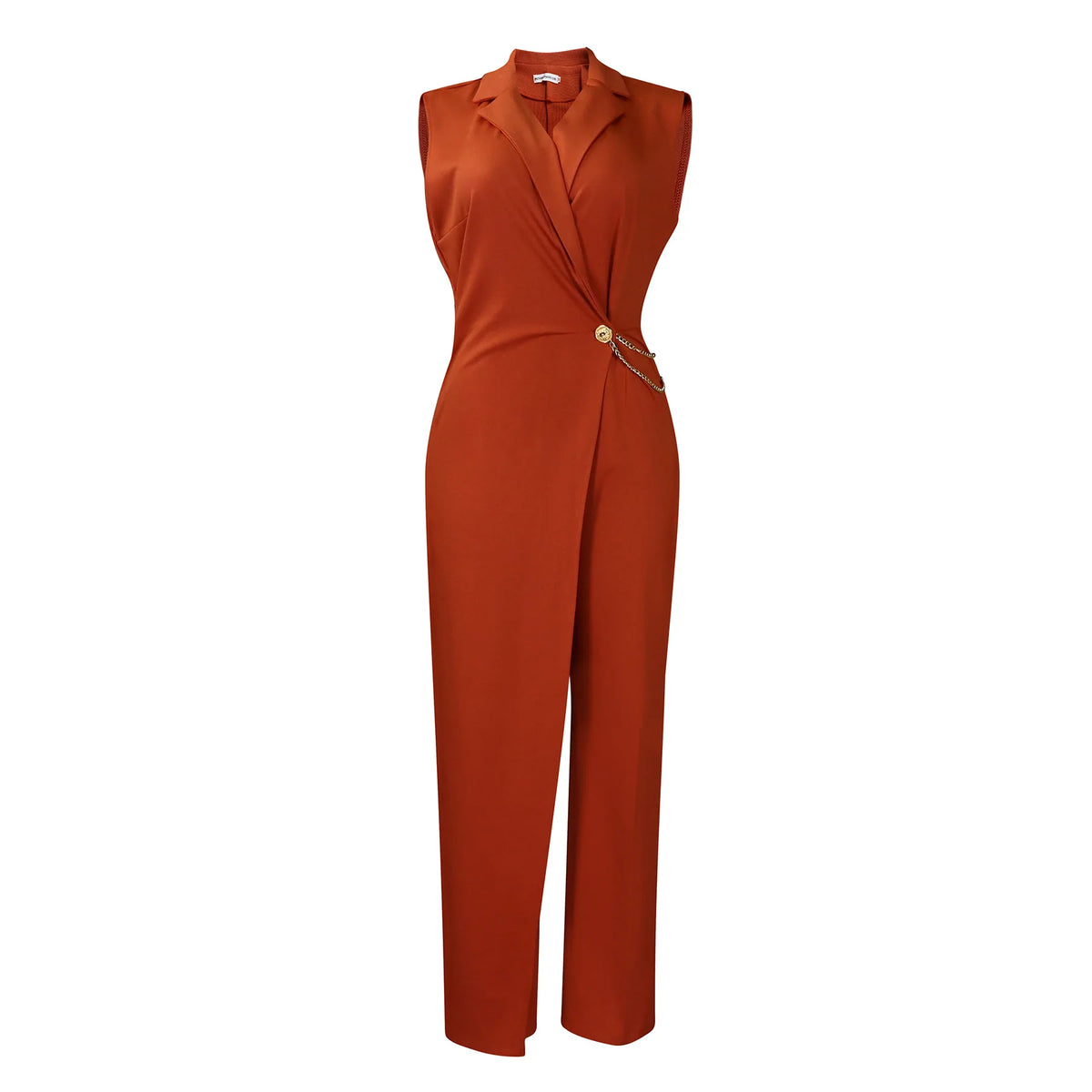 Moda feminina sem mangas terno gola cintura corrente macacão primavera verão sólido sem mangas de perna larga & playsuits macacão