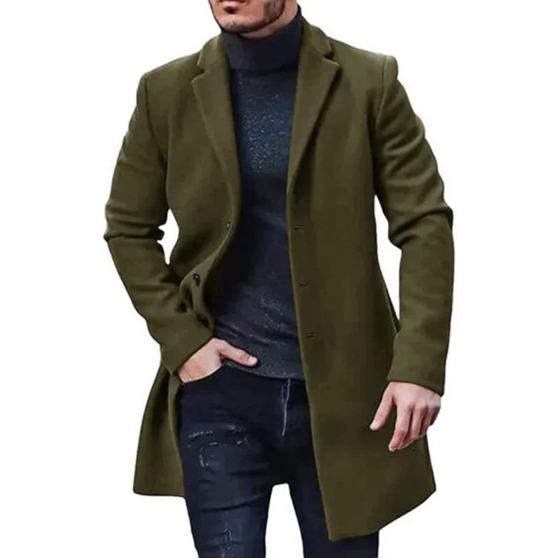 Novo Casaco Masculino de Lã, Sobretudo Corta-Vento, Trench Coat, Cor Sólida, Casaco de Outono e Inverno, Cardigã, Jaqueta Masculina