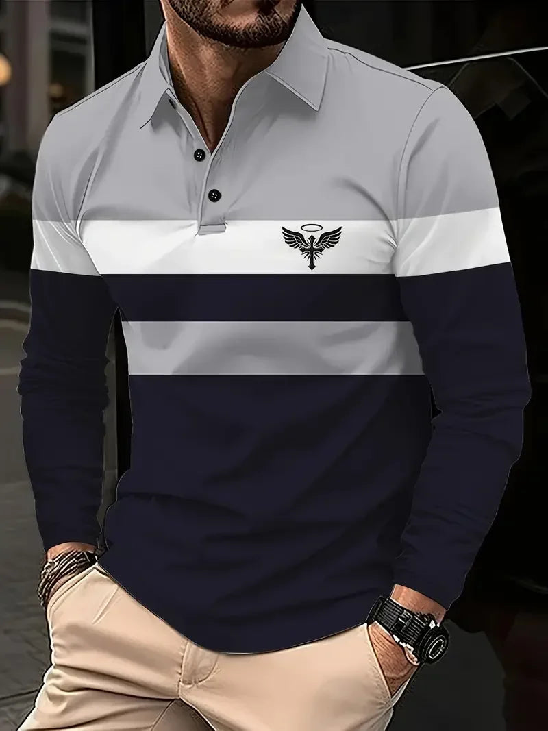 Classic minimalist striped long-sleeved men's polo shirt, fashionable autumn and winter men's casual golf oversized sportswear