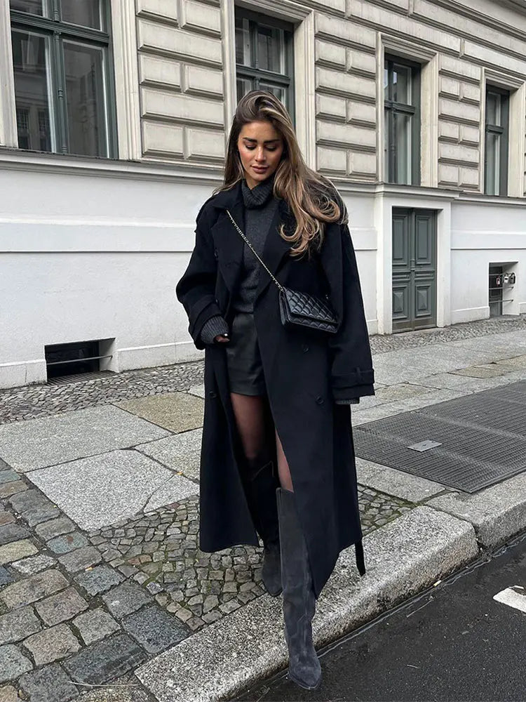 Elegante casaco comprido preto com cinto para mulheres, tamanho grande, em lã, com lapela dupla e botões, modelo outono, novidade da moda feminina.