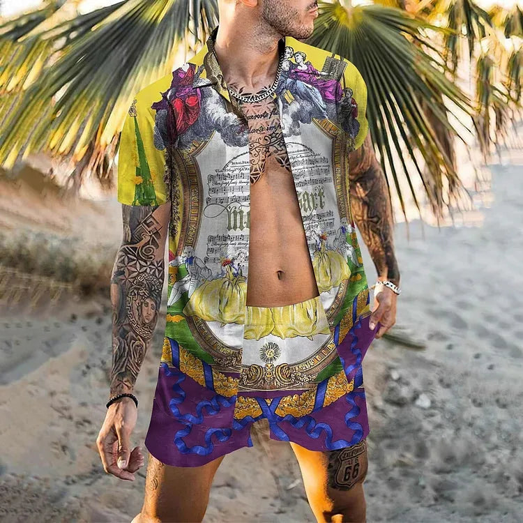 Conjunto de duas peças estilo praia com camisa de manga curta e shorts para homens de meia-idade, moda verão, festa retrô.