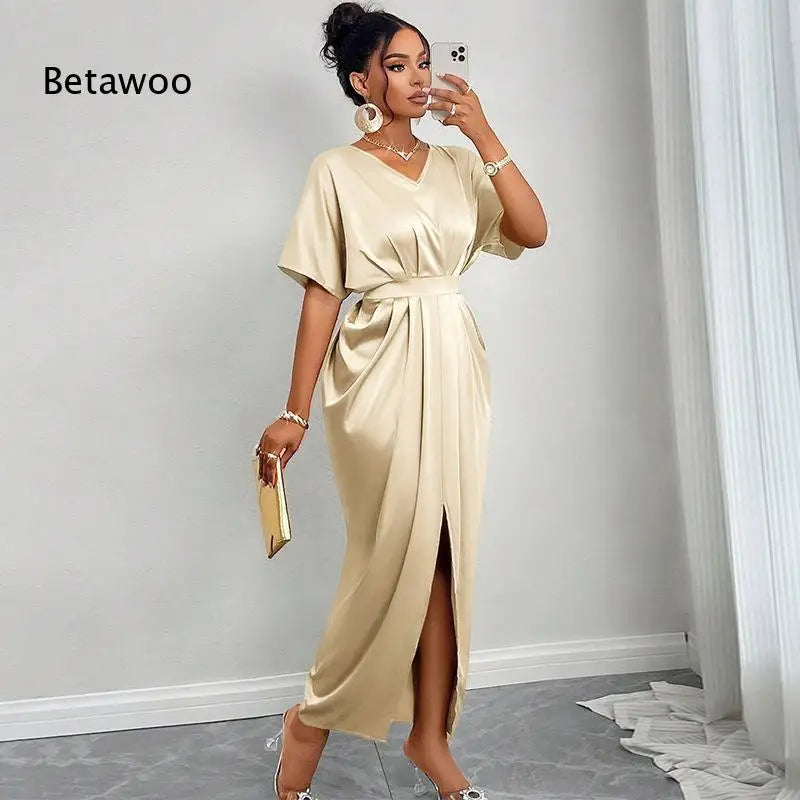 Vestido Maxi de Cetim com Decote em V e Manga Curta para Mulheres, Elegante com Cinto na Cintura e Fenda Lateral, Ideal para Festas de Verão e Noites