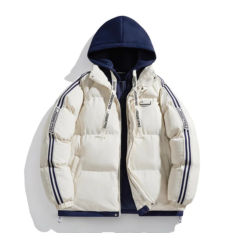 Outono inverno na moda com capuz falso jaqueta de duas peças à prova de vento engrossado quente acolchoado jaqueta nova cor sólida com capuz estilo casal