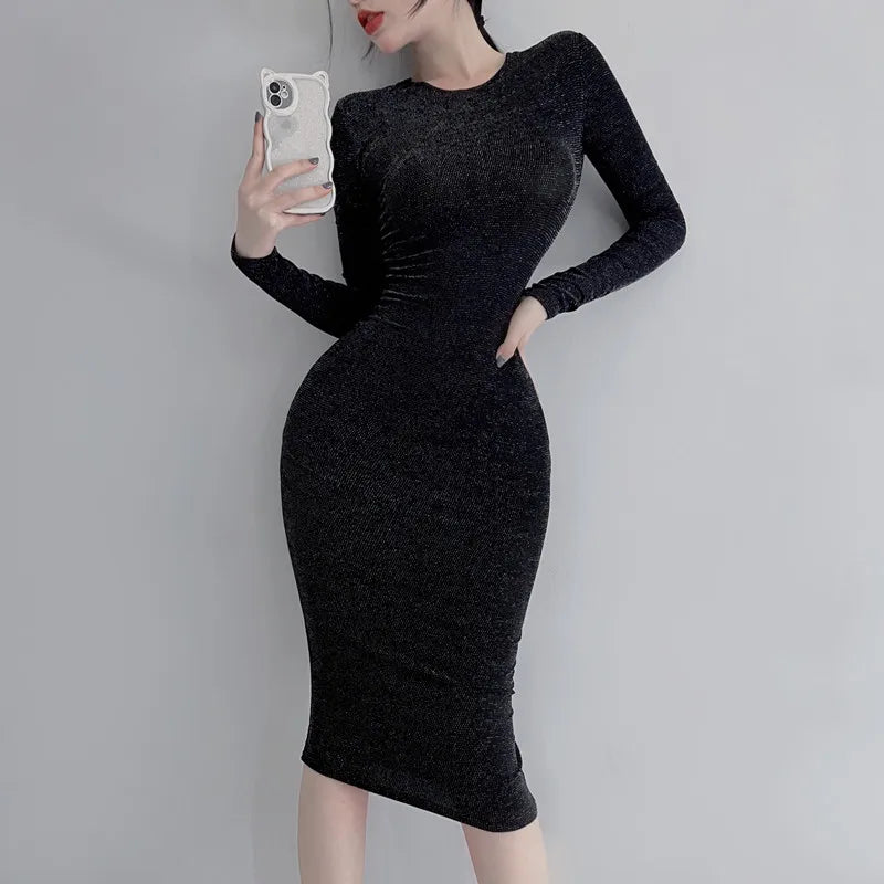 Vestido Midi Preto Sexy de Manga Longa com Ajuste Justo para Mulheres, Saia Elástica de Primavera/Verão com Cintura Marcada e Transparência, Vestido Justo ao Corpo