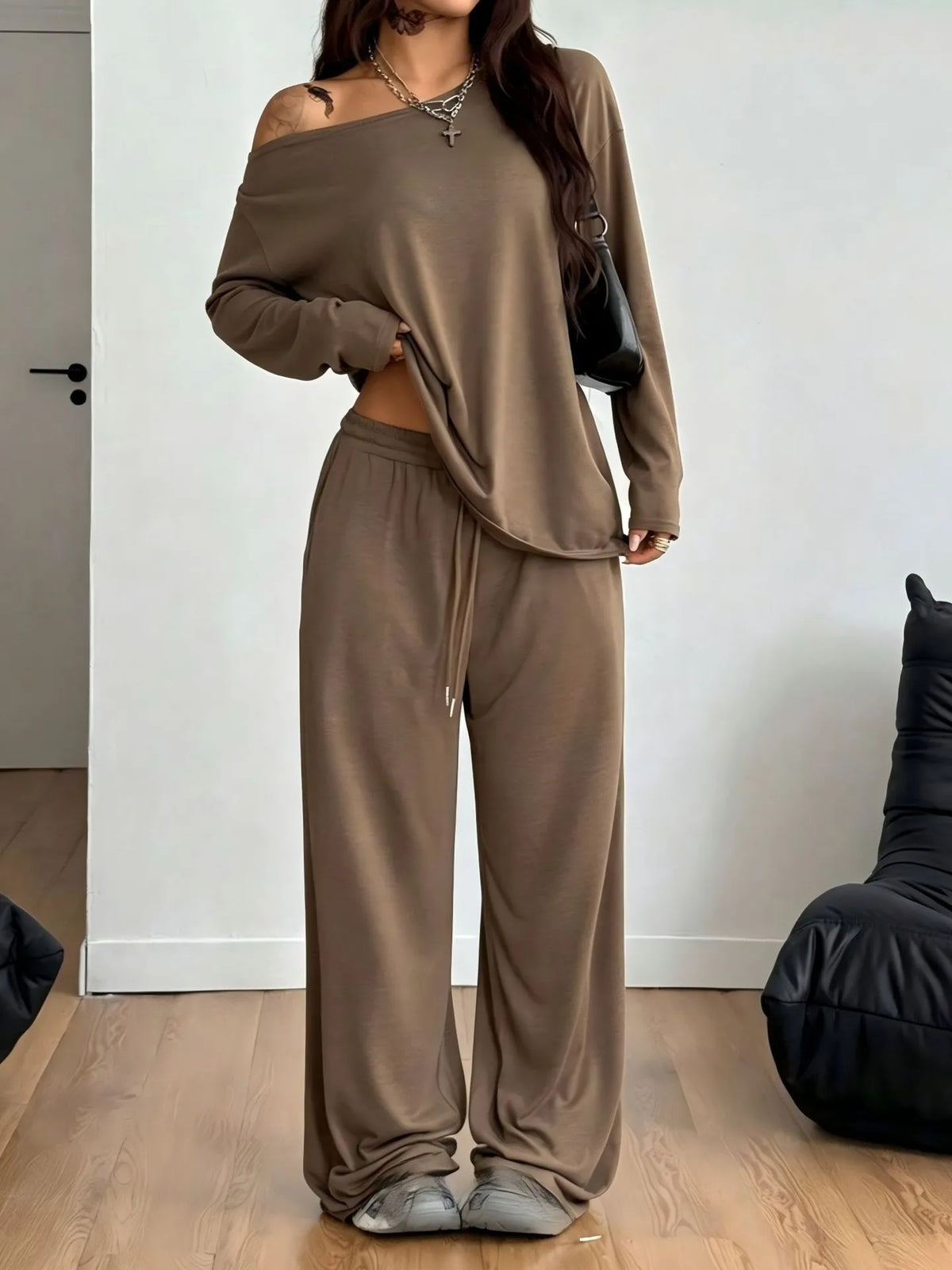 Conjunto de Calças de Malha de Cintura Alta em Cor Sólida para Mulheres, Conjunto Casual de Duas Peças, Conjuntos de Roupas Femininas