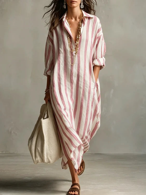 Vestido Chemise Longo Estampado Listrado com Decote V Solto, Tendência Oversize, Moda Primavera/Verão 2026, Novo Modelo para Comércio Europeu e Americano