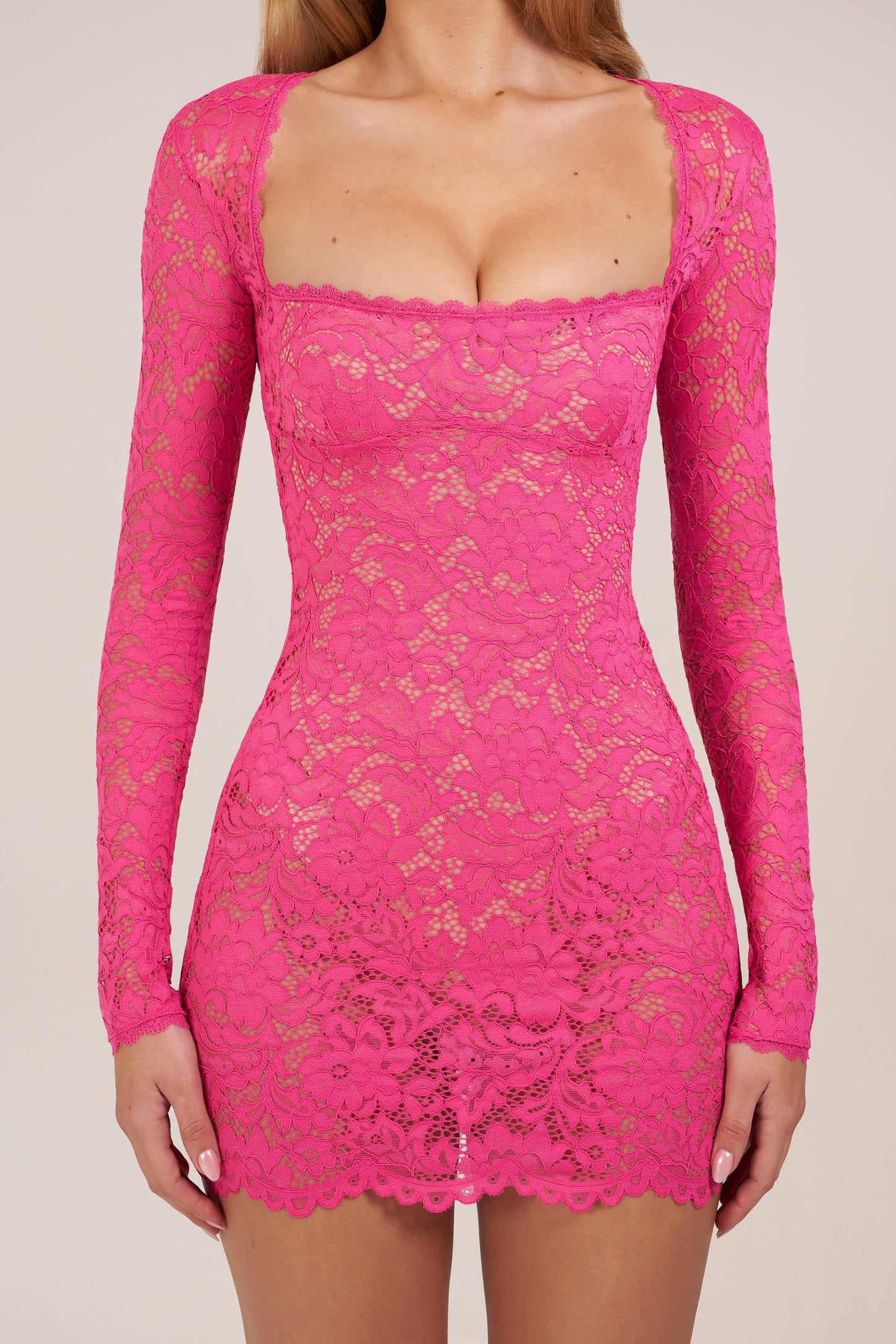 Sheer Scalloped-Lace Long-Sleeve Mini Dress in Hot Pink