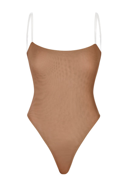Soft Mesh Invisible Strap Thong Bodysuit in Honey