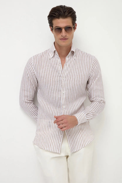 Beige striped linen button down shirt - Made in Italy