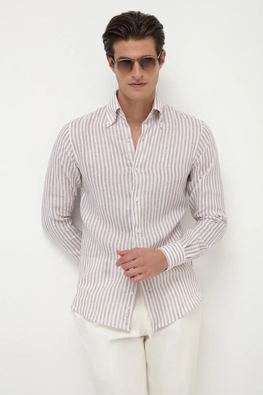 Beige striped linen button down shirt - Made in Italy