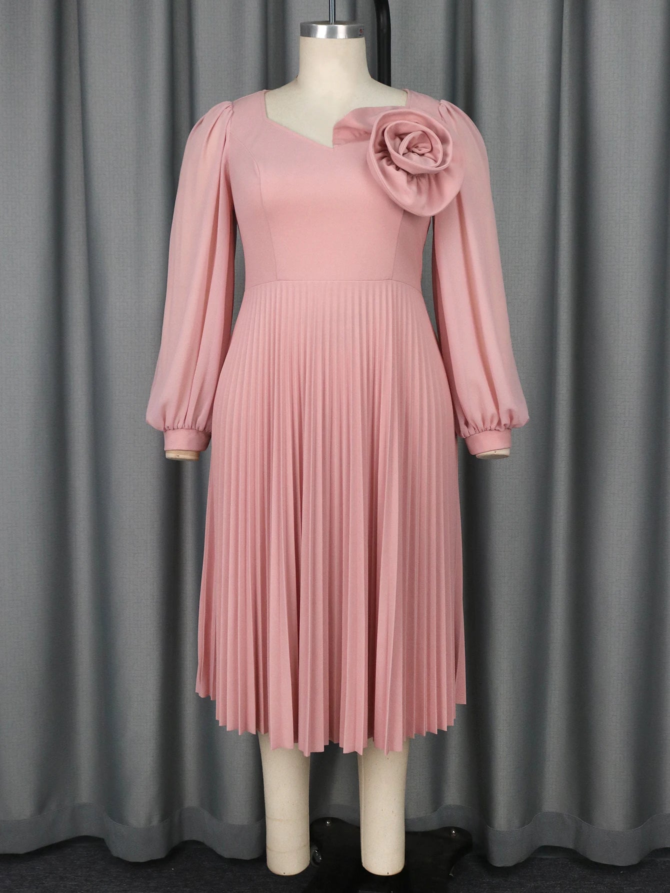 Vestidos casuais rosa de manga comprida bufante com pregas florais e corte evasê para damas de honra (venda por atacado)