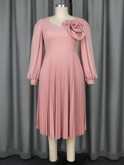 Vestidos casuais rosa de manga comprida bufante com pregas florais e corte evasê para damas de honra (venda por atacado)