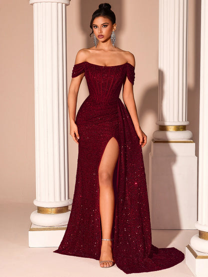 Vestido de Festa Adyce Feminino com Lantejoulas, Ombro a Ombro, Fenda Alta, Costas Nuas e Amarrações para Casamento, Aniversário e Eventos Formais