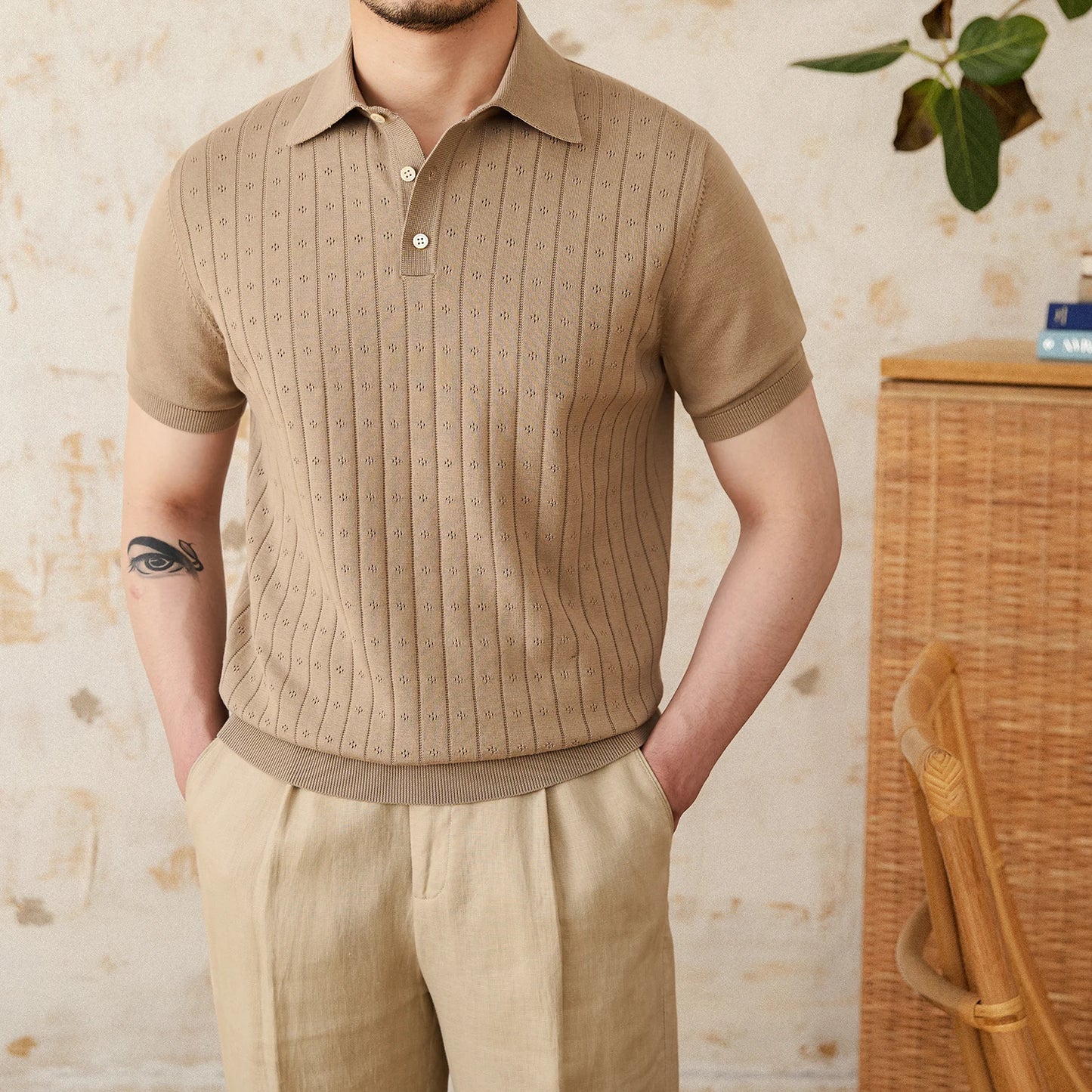Verão viajando lapela camisa polo de manga curta algodão puro respirável oco retro cavalheiro wear versátil na moda masculina