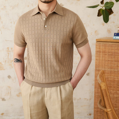 Verão viajando lapela camisa polo de manga curta algodão puro respirável oco retro cavalheiro wear versátil na moda masculina